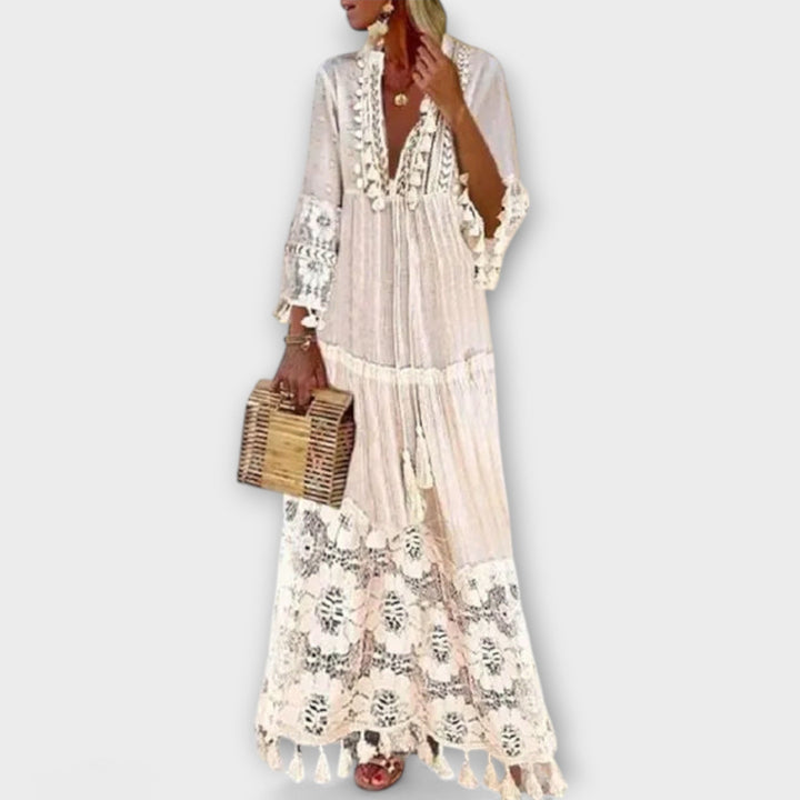 Classic Bohemian-Style Long Dress with Long Sleeves, Lace and Tassels