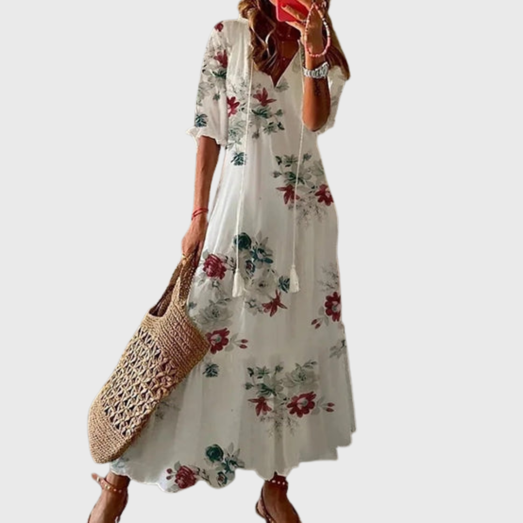 Béatrice | Boho Vintage Dress with V-Neck and Button Pattern