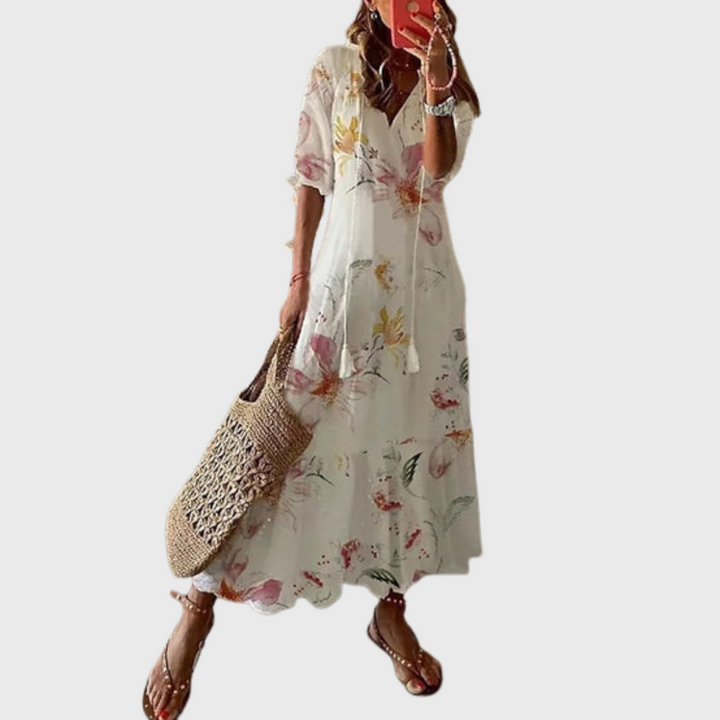 Béatrice | Boho Vintage Dress with V-Neck and Button Pattern