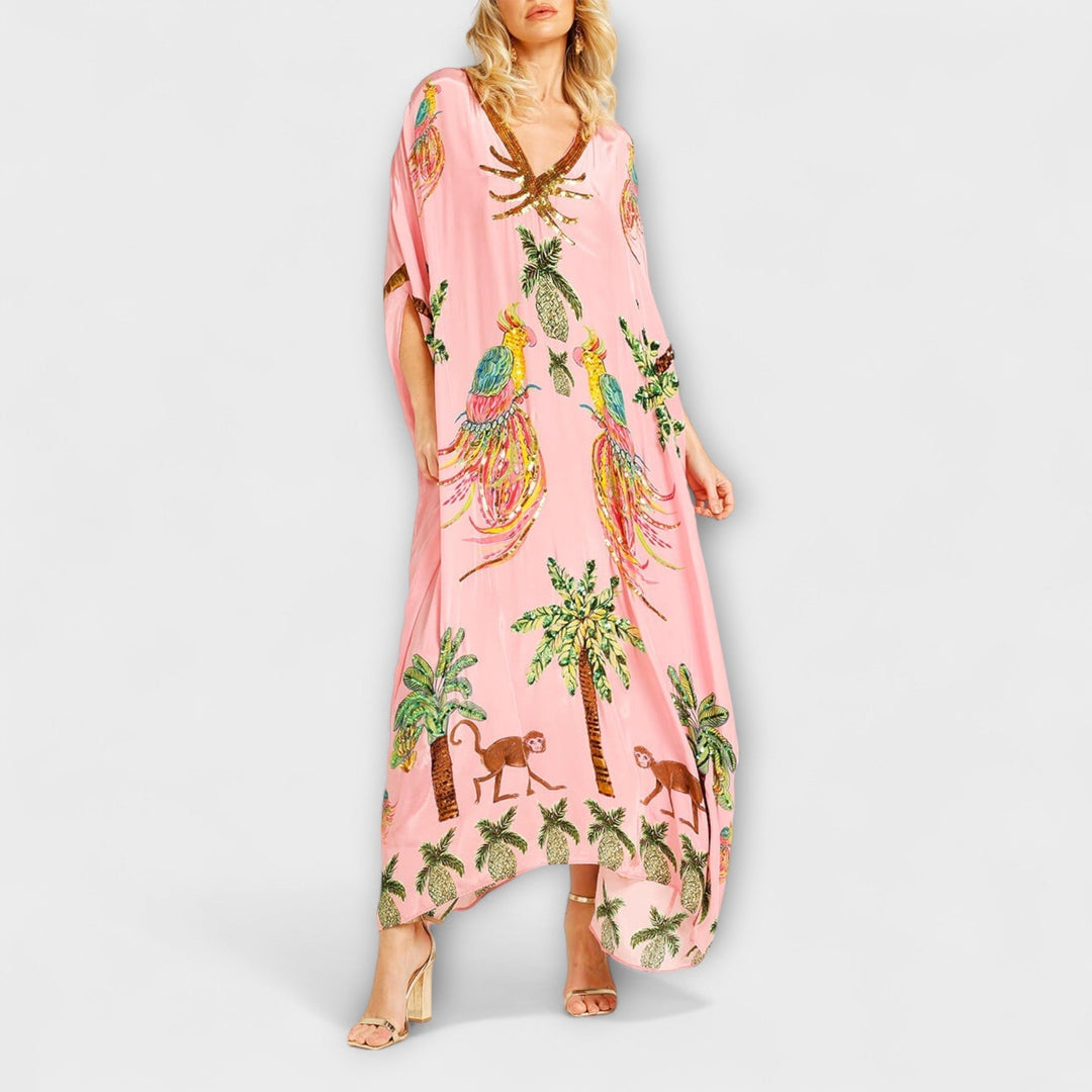 Linda - Off-Shoulder Dress with Asymmetrical Shoulder and Palm Print