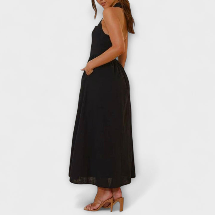 Lydia - Mid-Length Black Halter Dress with Waist Detail