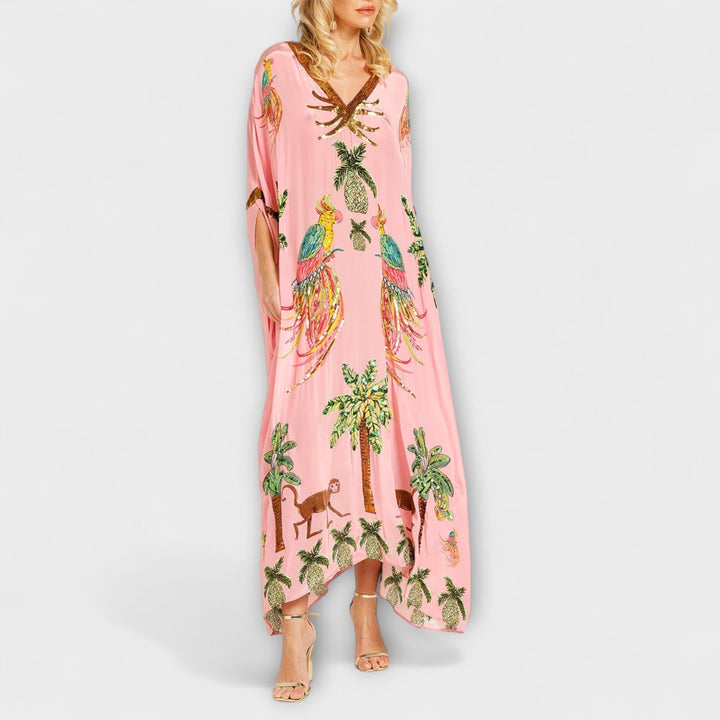 Linda - Off-Shoulder Dress with Asymmetrical Shoulder and Palm Print