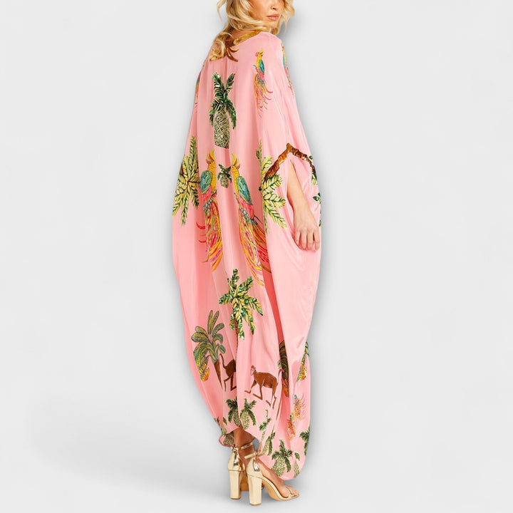 Linda - Off-Shoulder Dress with Asymmetrical Shoulder and Palm Print