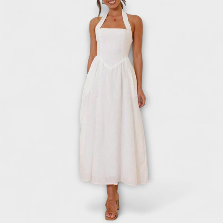 Lydia - Mid-Length Black Halter Dress with Waist Detail