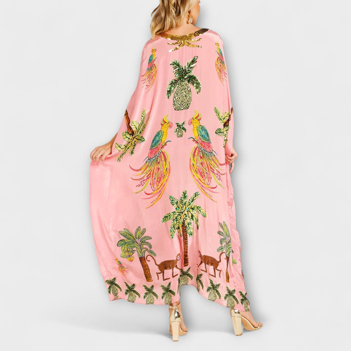 Linda - Off-Shoulder Dress with Asymmetrical Shoulder and Palm Print