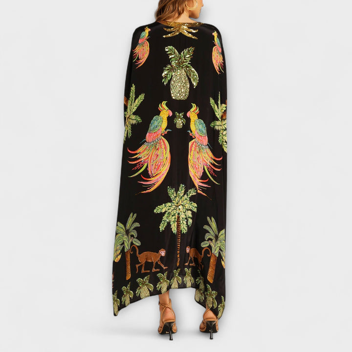 Linda - Off-Shoulder Dress with Asymmetrical Shoulder and Palm Print